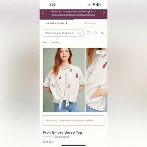 Anthropologie Cream Fruit-Embroidered Tie-Front Blouse